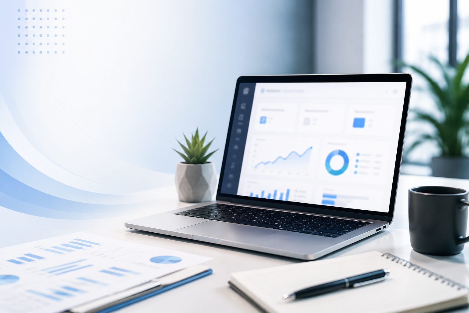 Modern office workspace with business analytics