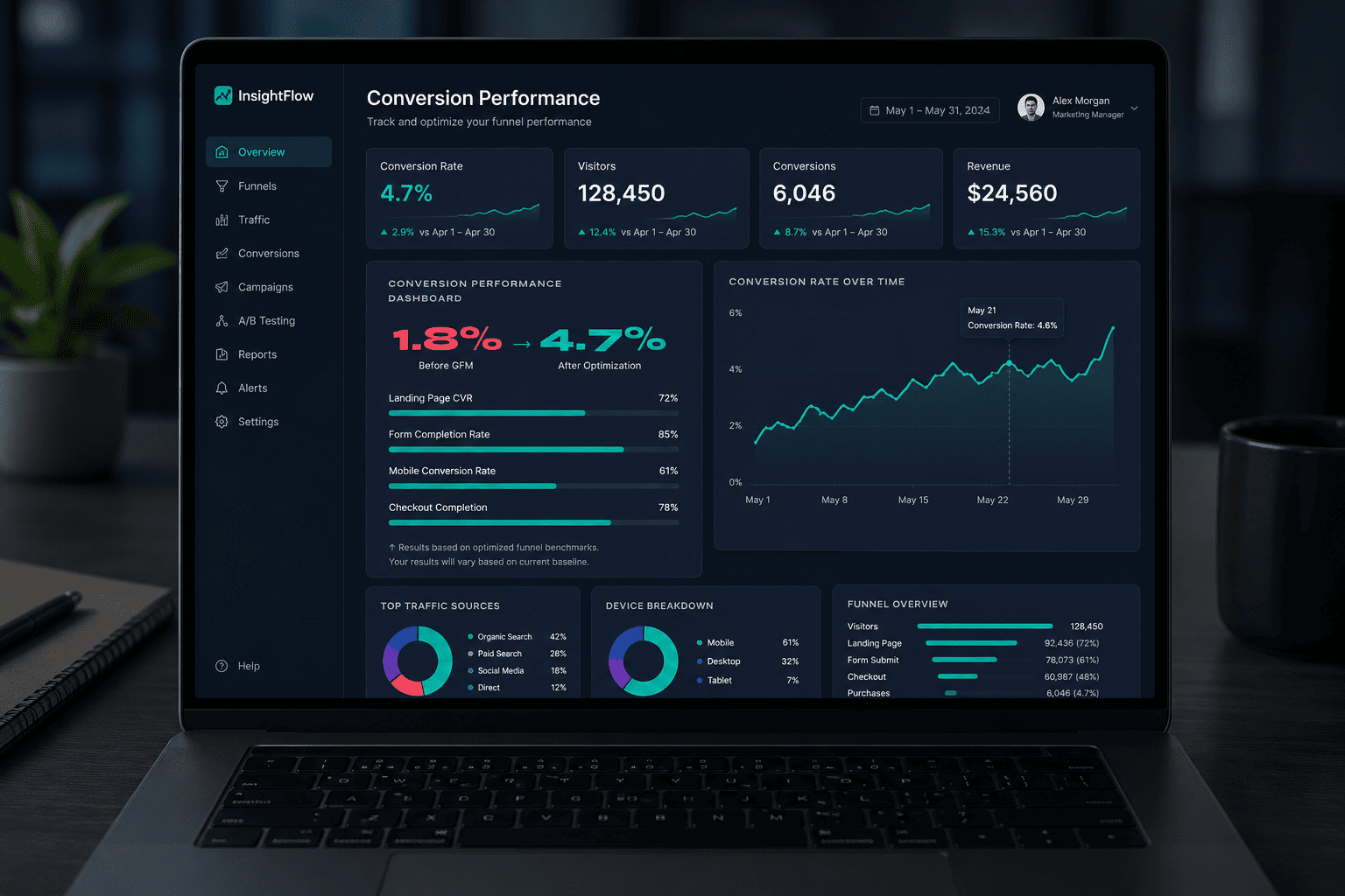 Marketing performance dashboard with analytics charts